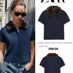 ZARA Navy Short Sleeve Cardigan with Faux Fur Collar Size L NWT